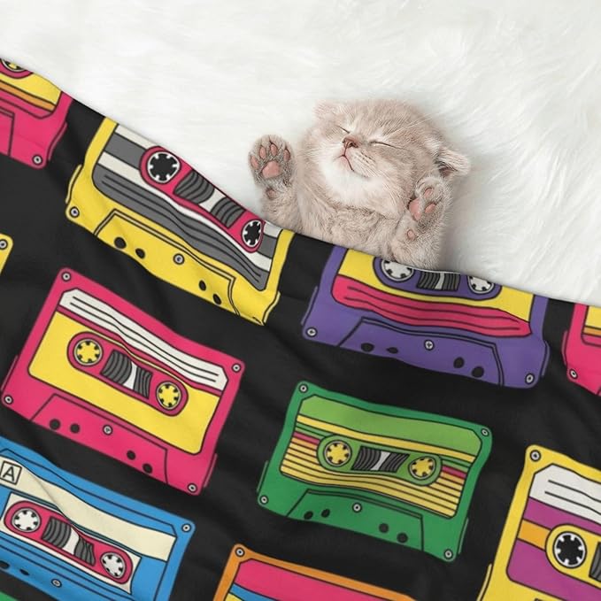 Pet Blanket for Travel and Home, Colorful Retro Cassette Pattern, Reversible Plush Dot Design with Soft Grip Texture on One Side Perfect for Car Seats Moving Vehicles