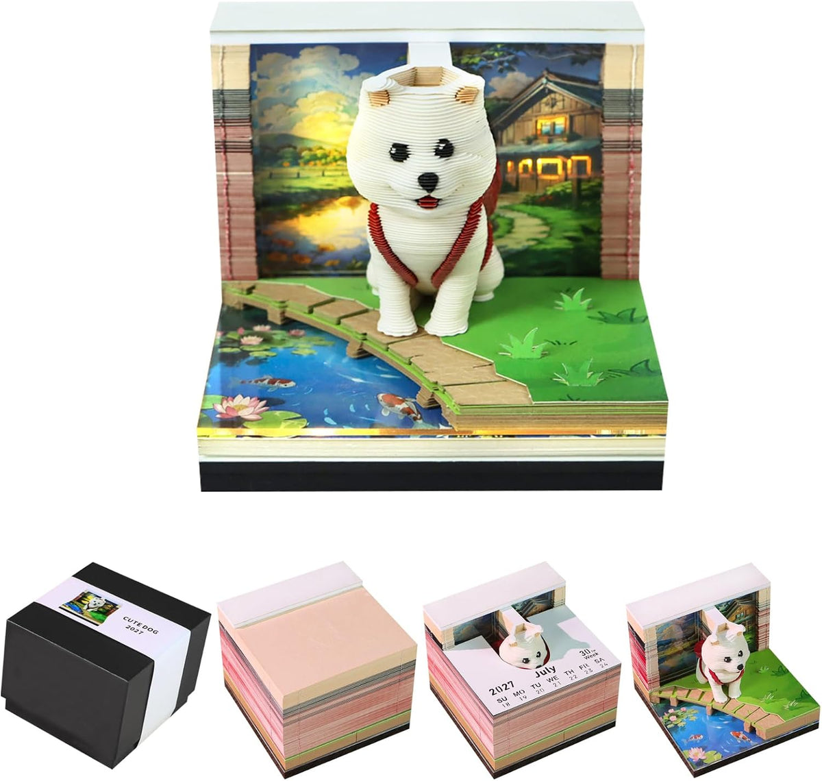 3D Calendar 2027, Desk Time Piece Calendar 2027,Tear-Away 3D Paper Art Notepad w LED Lights,Creative 3D Memo Artsy Pad Calendars, DIY Paper Carving Gift (Backpack Dog)