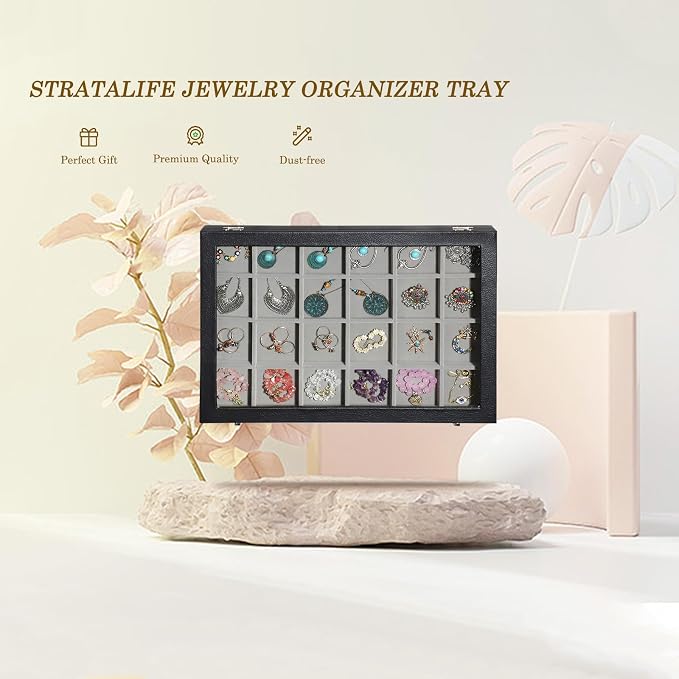 Stratalife Earring Organizer Velvet Jewelry Organizer Box 24 Grid Earring Tray