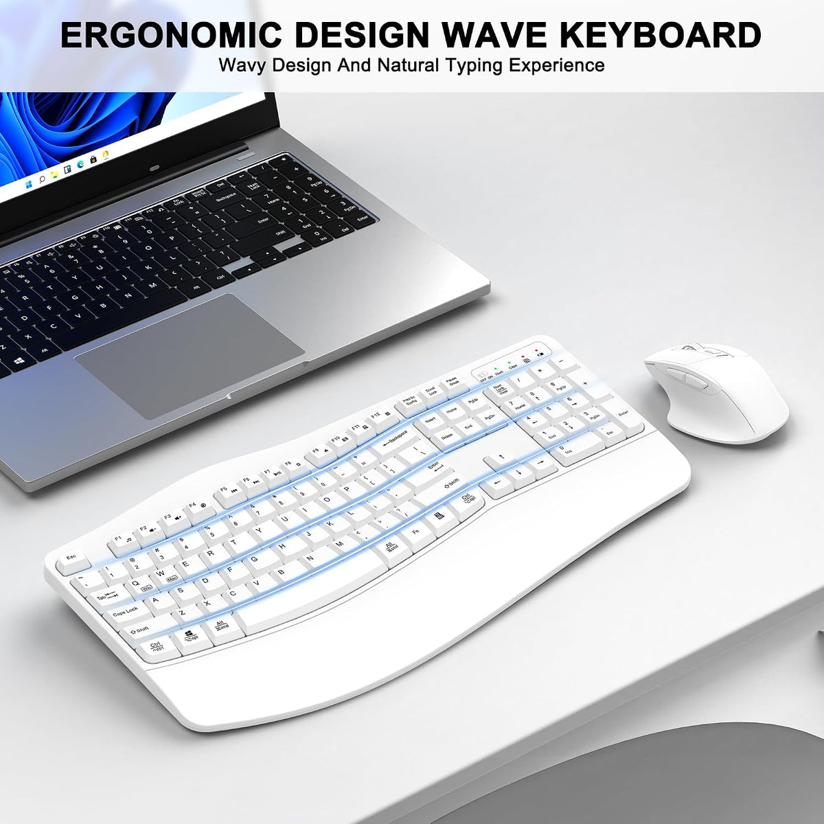 Wireless Keyboard and Mouse Combo, 2.4G Ergonomic Wave Keys(White)