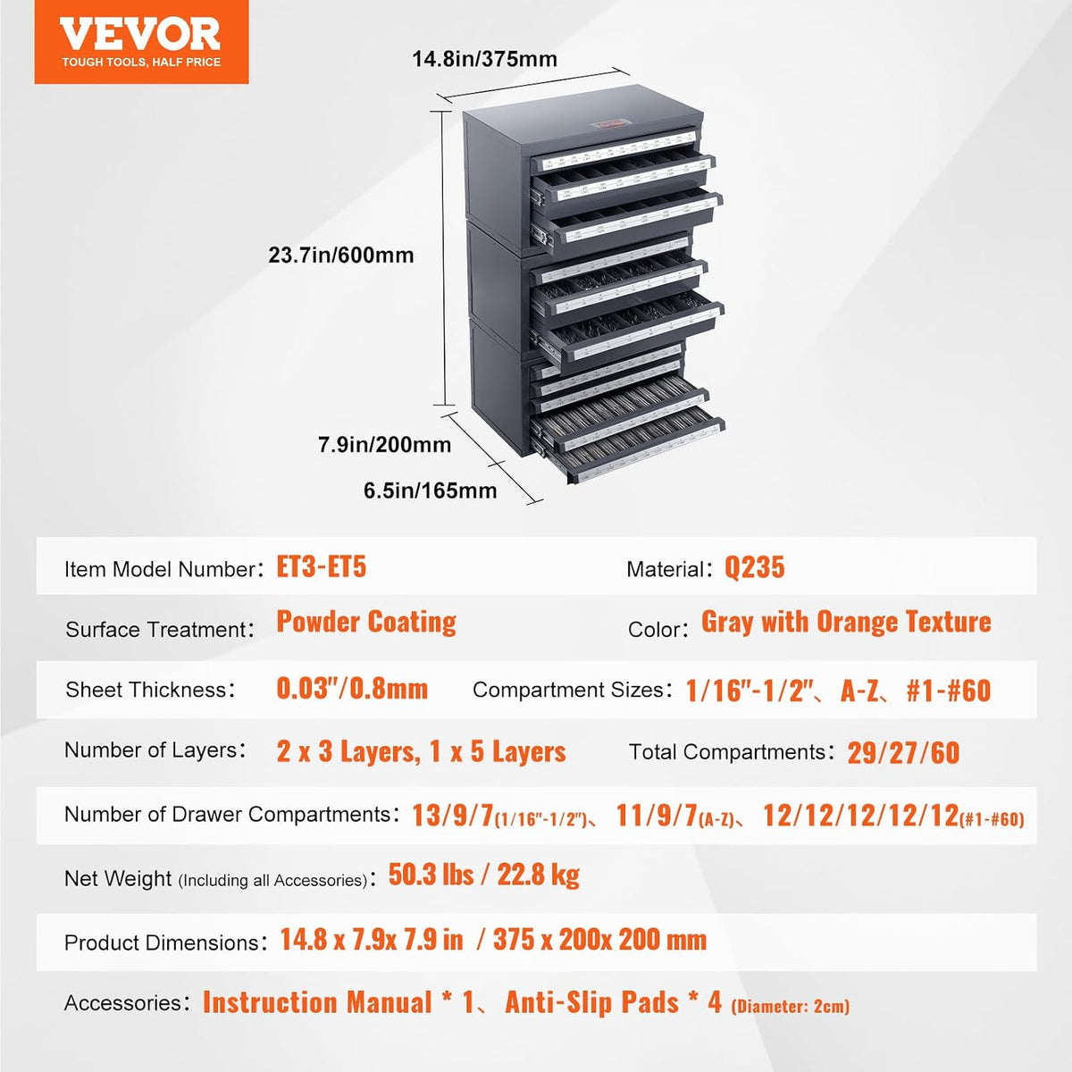 VEVOR Drill Bit Dispenser Cabinet Set, Three-Drawer for 1/16" to 1/2" & Letter Sizes A to Z, Five-Drawer Organizer for Wire Gauge #1 to #60, 3 Pieces