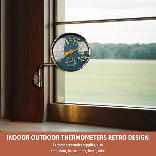 4-Inch Outdoor Thermometer and Humidity Gauge, Window Thermometer for Outside Temperature and Humidity Monitor, Brass Analog Dial, Battery-Free for Patio, Garage, Greenhouse, Garden, Wall