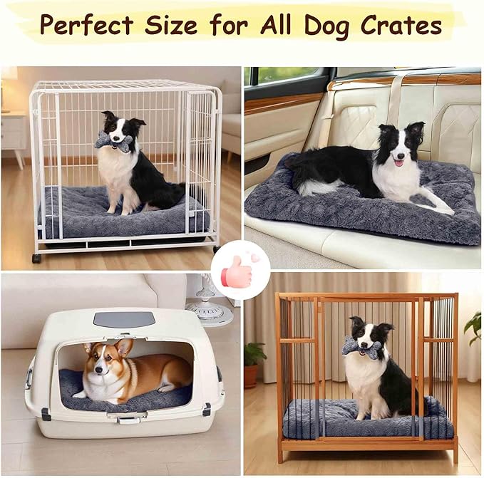 Washable Dog Bed for Small to Large Dogs, Calming Anti Anxiety Medium Dog Bed, Deluxe Plush Faux Fur Crate Beds, Comfy Fluffy Kennel Pad Pet Sleeping Mat Non-Slip Bottom, 35"x22", Dark Grey