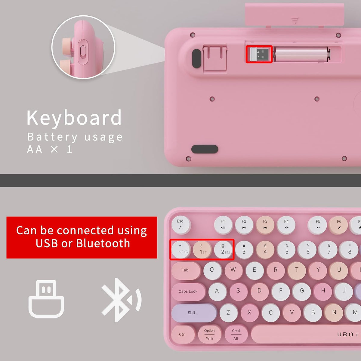 UBOTIE Colorful Wireless Bluetooth Keyboard, Dual Mode (Pink Colorful)