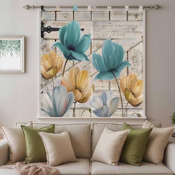Watercolor Flowers Bathroom Curtains 63 Inch Length, Window Curtains Tab Top