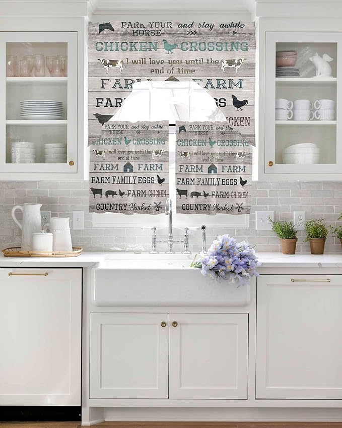 Farmhouse Swag Kitchen Curtains Valance and Tier Set, Rod Pocket Short Curtain