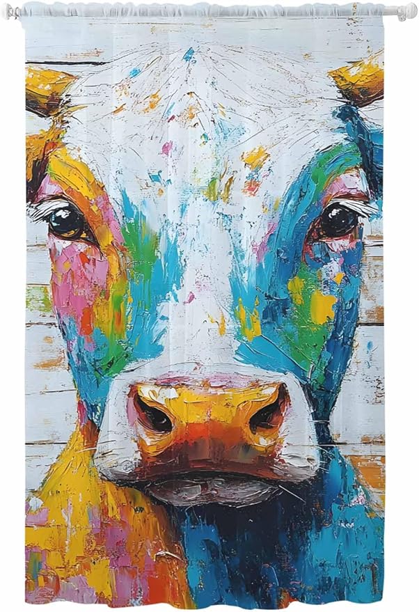 Sheer Curtains 96 Inches Long, Funny Colorful Cow Semi Sheer Curtains Light