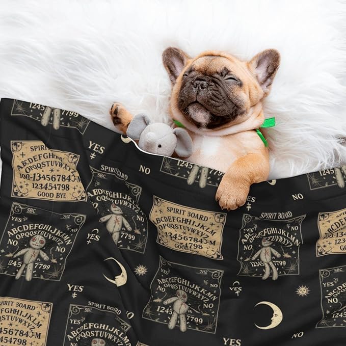 Double Sided Plush Pet Blanket for Small Large Animals, Spirit Board with A Voodoo Doll Occultism Set, Reversible Throw with Dimpled Dot Side and Flat Side for Kennels Living Rooms