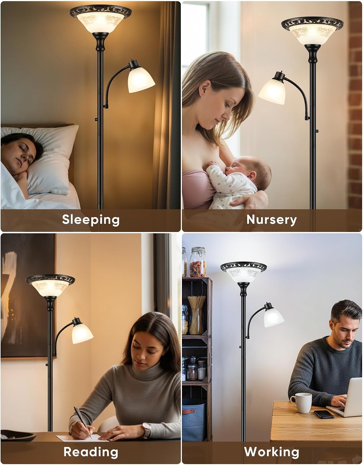 Torchiere Floor Lamps for Living Room, 71" Tall Standing Lamp with Thick Glass Shade, Metal Pole & Heavy Base, Vintage Corner Lamp with Reading Light Home Decor for Bedroom Office, 3CCT Bulb Included