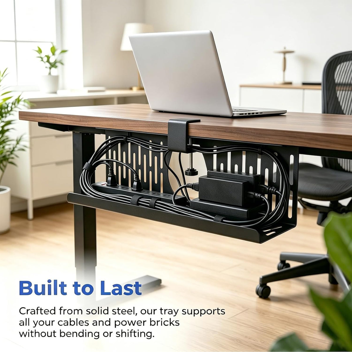 Under Desk Cable Management Tray, Cord Organizer for Desk Cable Management Tray Under Desk with Clamp for Home Office, Standing Desk (2Pack Black)