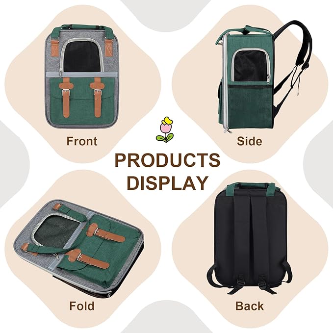 Cat Carrier Backpack, Airline Approved Mesh Dog Backpack with Breathable, Hiking, Travel, Camping, Pet Carriers Backpack for Large Cats and Small Dogs - Holds Pets up to 15 Lbs (Dark Green)