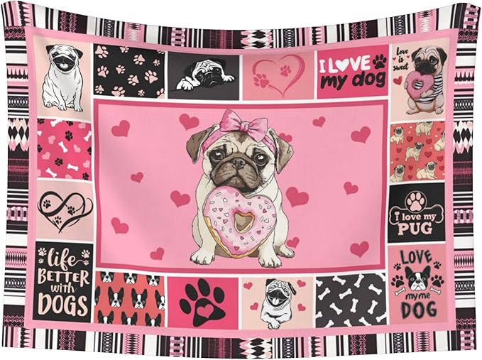 Pug Throw Blanket - Paw Print Blanket for Dog Cat Pink Pet Blankets 23x16 for Couch Sofa Bed