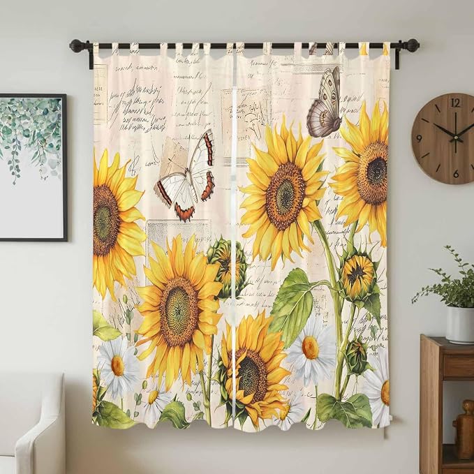 Yellow Sunflowers Living Room Curtains 96 Inch Length, Window Curtains Tab Top