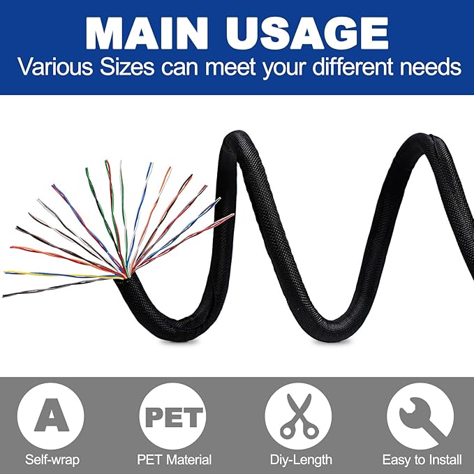 Split-Sleeve Wire Loom for High-Temperature Automotive Harness and Home Cable Management, 25ft - 5/16 inch Braided Cable Management Sleeve Cord Protect, Self-Wrapping Split Wire Loom
