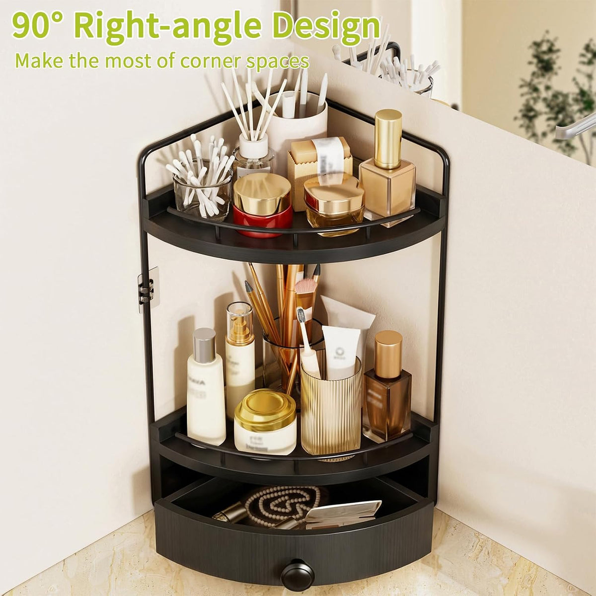 2-Tier Corner Bathroom Counter Organizer with Drawer, Black