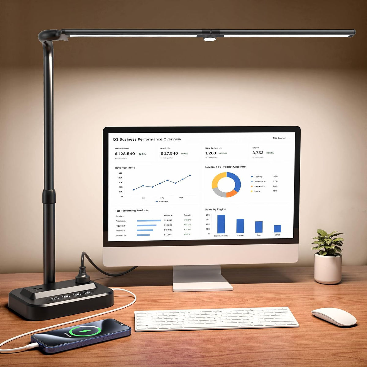 SIBRILLE LED Desk Lamp, Ultra Wide Computer Light, Dimmable Desk Light with USB Fast Charging, Adjustable Foldable Eye Caring Office Desk Lamp for Monitor Work Gaming Home Study