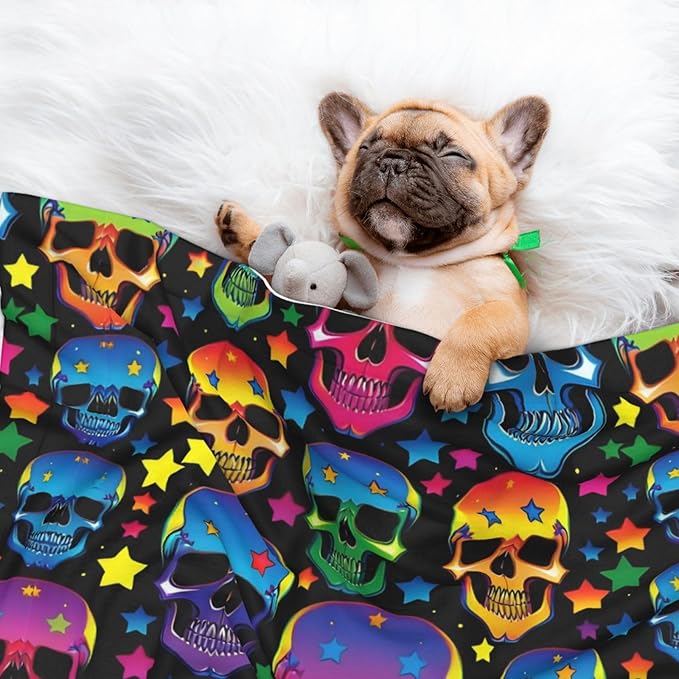 Reversible Dog Blanket for Beds Couches, Colorful Stars Neon Skulls, Double Sided Cat Blanket with Textured Dot Feel and Smooth Feel for Seasonal Comfort All Year