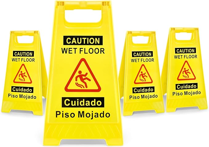 4-Pack Caution Wet Floor Sign, 17.5" Height, Bright Yellow, Double-Sided A-Shaped Frame Design, Bilingual Caution Message