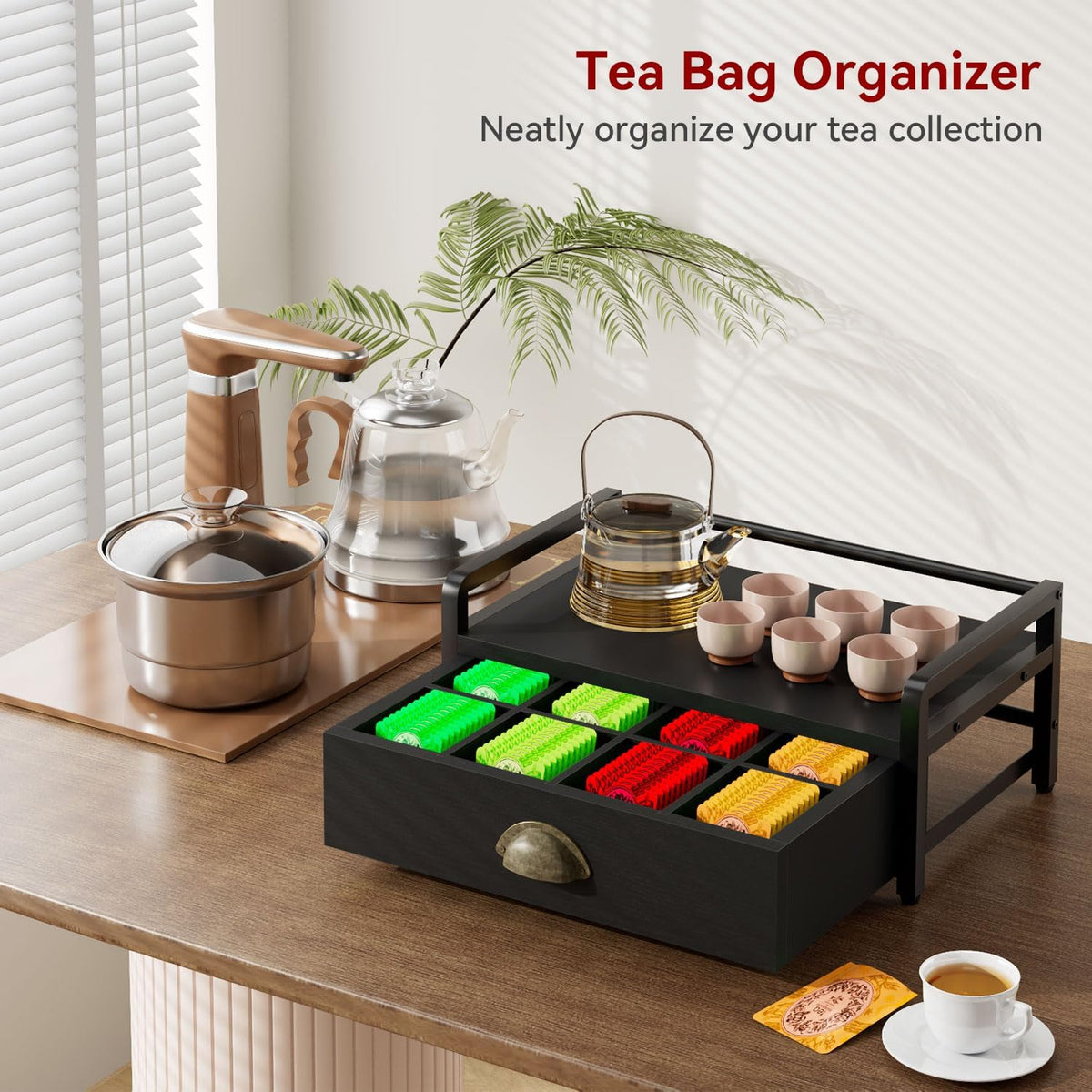 IBUYKE Tea Bag Organizer for Countertop,2 Tier Tea Box Organizer with Drawer,Wood Tea Bag Holder with Metal Frame,Tea Station Organizer for Kitchen Cabinet,Coffee Station,Office,Black UTCJ004B