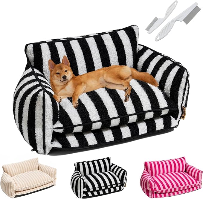 Lazy Holiday Plush Cozy Dog & Cat Sofa Bed, Teddy Velvet Dog Bed, Trendy Striped Faux Lambswool Double Layer Dog & Cat Sofa Bed Dogs Sleeping Mat for Medium Small Dogs & Cats (Black and White,M)