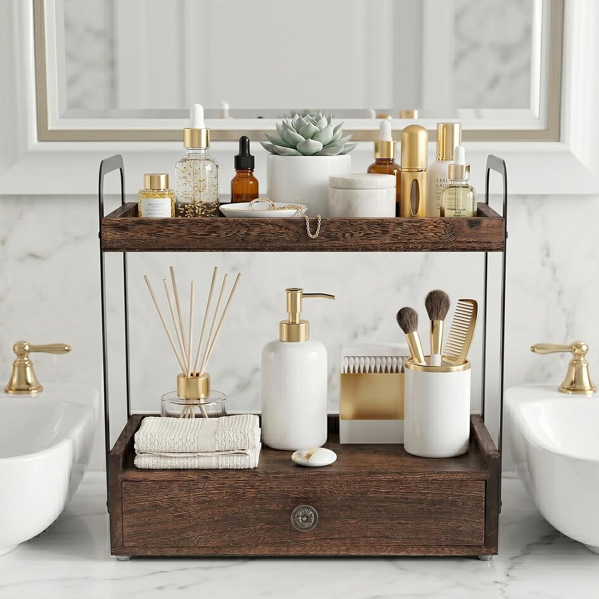 2-Tier Bathroom Counter Organizer with Drawer, Wooden Vanity Countertop Organizer for Makeup Perfume Cosmetics Skincare, Counter Shelf for Bathroom Kitchen Restroom