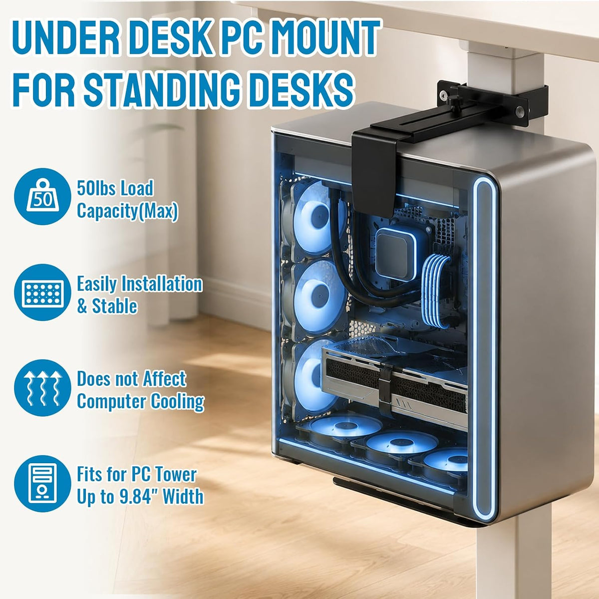 Under Desk PC Mount, Clamp-on Computer Tower Case Holder, 50Lbs Loads