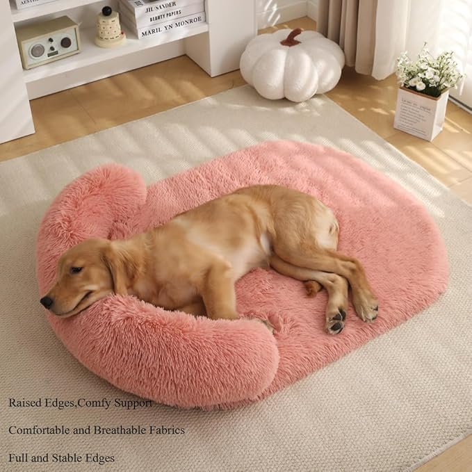 Calming Dog Bed - Fluffy Plush Mat with Removable Washable Cover | Furniture Protector for Large Dogs & Cats(Pink,47.24X29.53X5.91in)