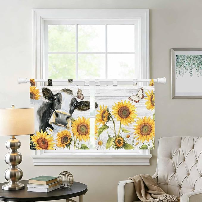 Retro Farmhouse Floral Kitchen Curtains 36 Inch Length, Small Window Curtains