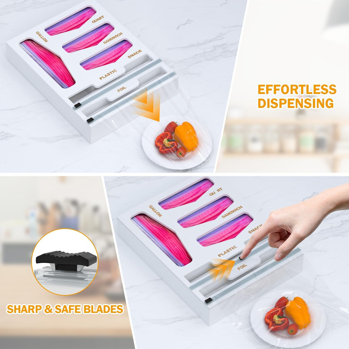 DALSHABET 6 in 1 Bamboo Bag Organizer with Foil and Wrap Dispenser, White