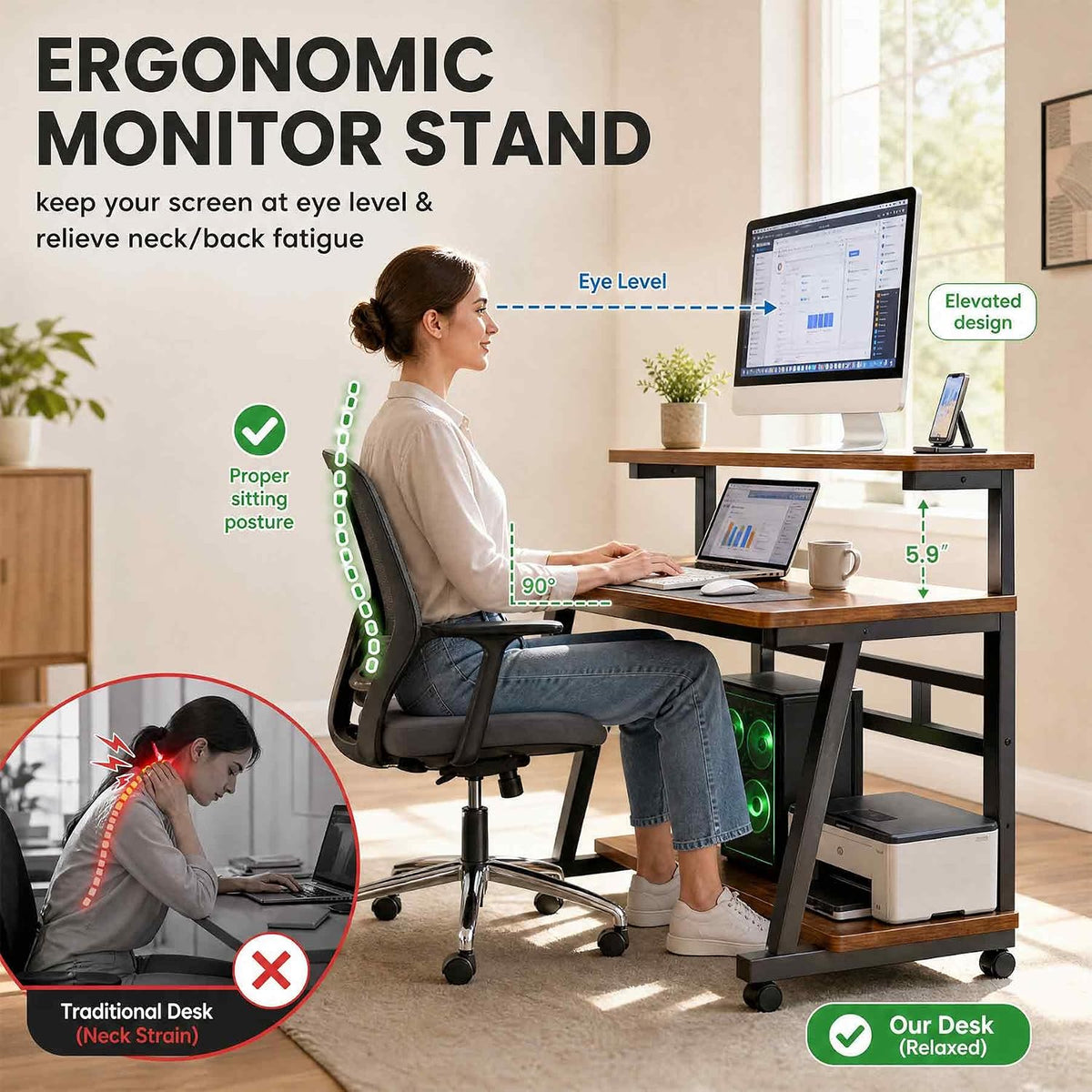 Rolling Computer Desk, 31.5 Inch Small Desks For Small Space, Portable Small Computer Desk with Monitor Stand & 3-Tier Storage, Portable Desk on Wheels for Writing, Home Office, Small Desk for Bedroom