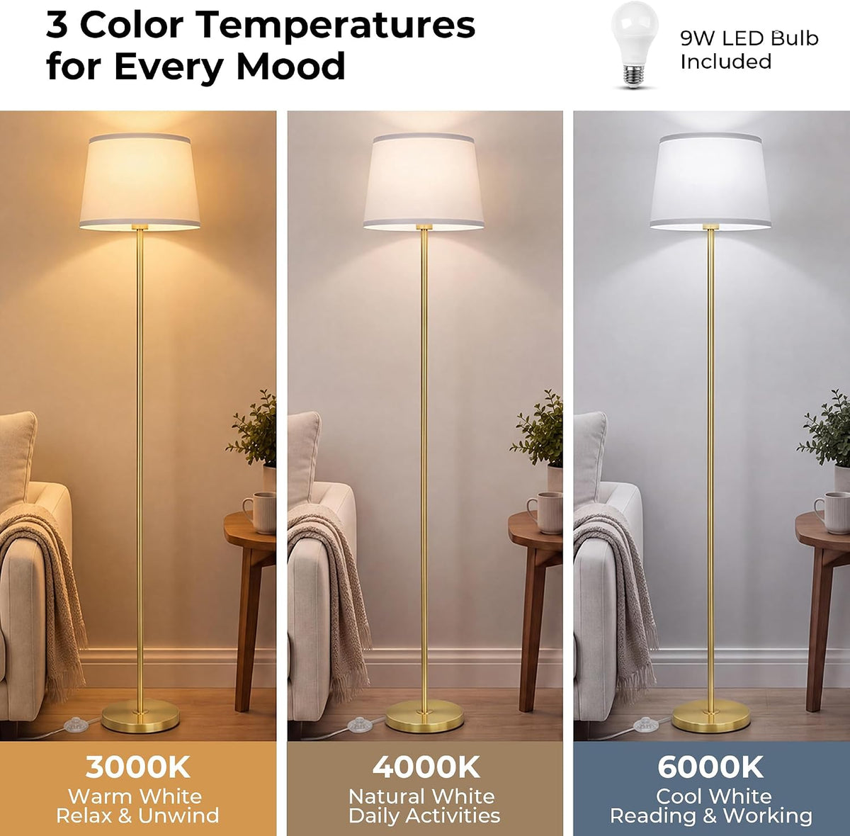 JUNNAI Gold Floor Lamp for Living Room, 61.8" Tall Standing Lamp, Modern Brass Floor Lamp for Bedroom Reading Office Classroom Corner, 3-Color Temperatures, 9W LED Bulb Included