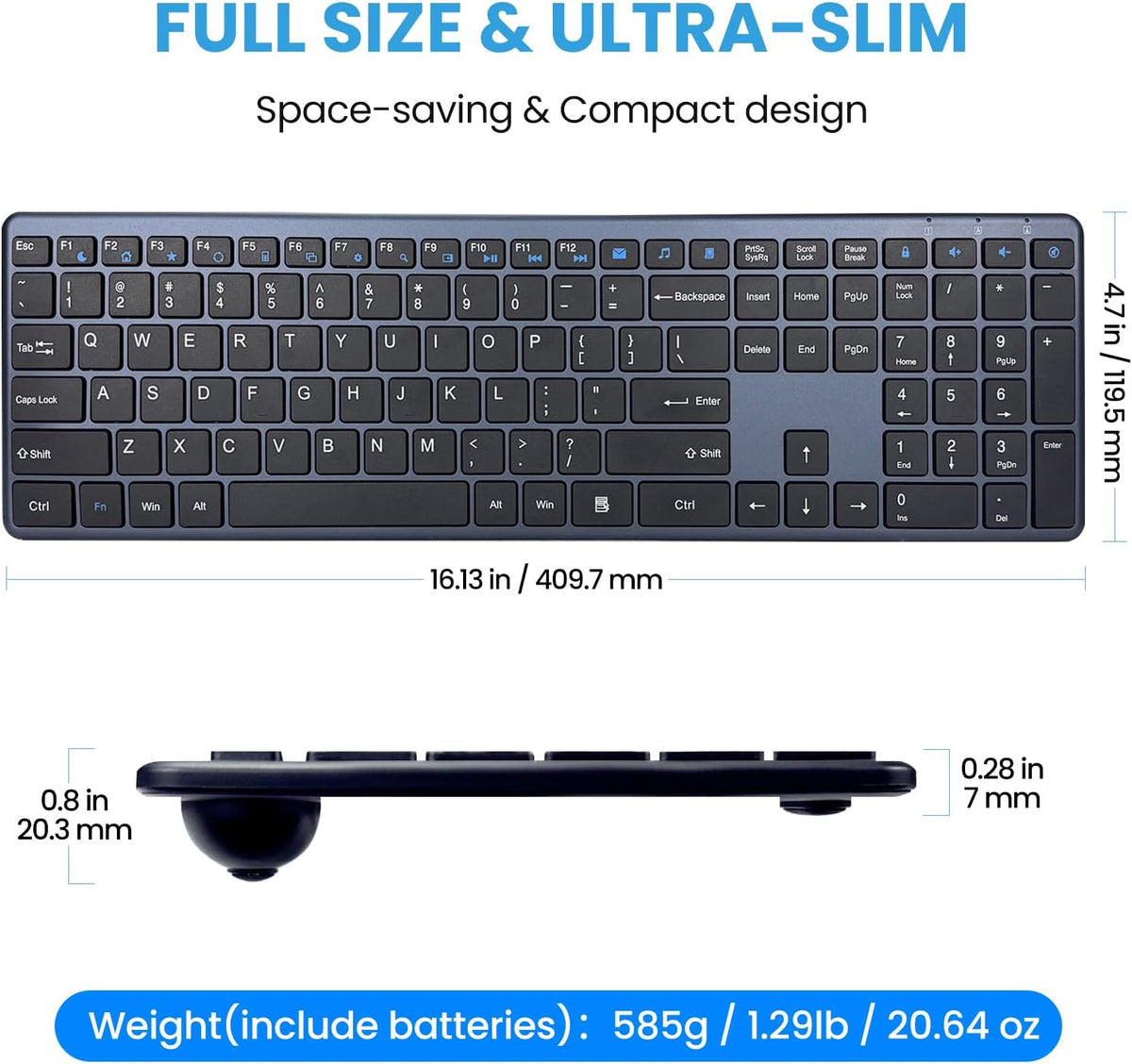 Wireless Keyboard-2.4G USB-A/Type-C Ultra Slim Quiet Full Size PC Computer Keyboard,19 Multimedia Key,Number Pad,Plug&Play,Lag-Free Ergo,Long Battery life for Tablet,Laptop,Smart TV,MAC,Windows,QWERTY