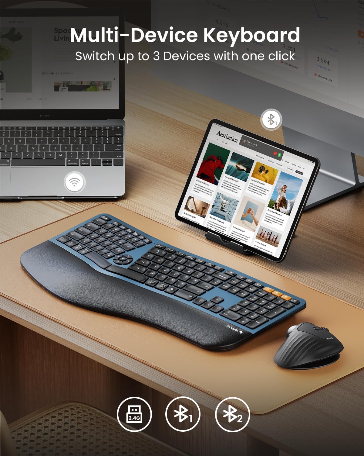 ProtoArc EK01 Plus Backlit Bluetooth Ergonomic Keyboard, Full Size, Blue