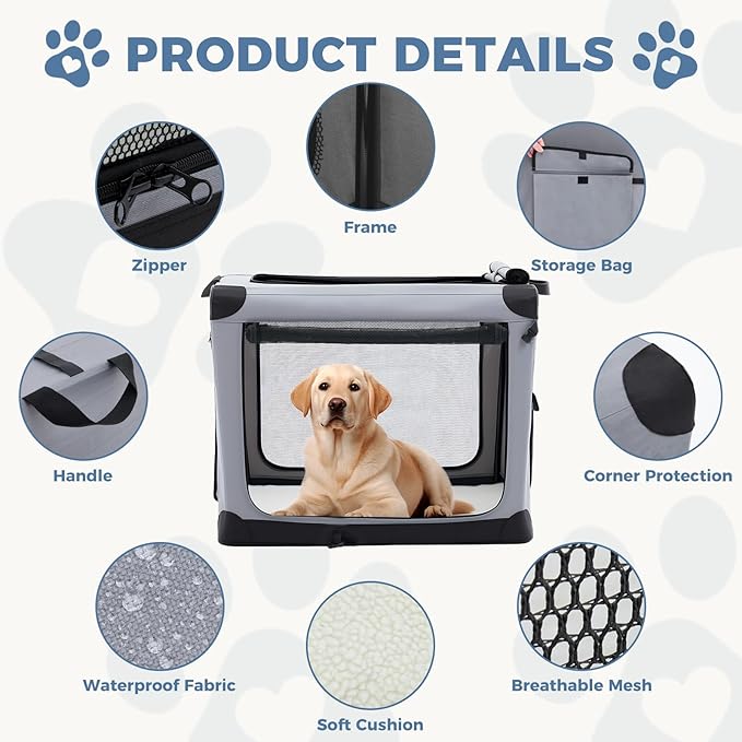 DUMOS Dog Crate 36 Inch Travel Cat Pet Carrier for Medium Large Dog, Portable Foldable Soft Pet Crate with Storage Bag & Washable Pad for Indoor Outdoor Dog Kennel Carrier (L-70lbs, Grey)