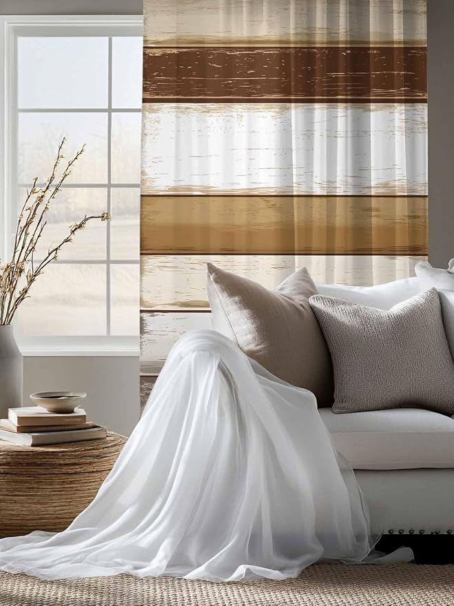 Sheer Curtains 72 Inches Long, Vintage Country Geometric Striped Privacy Voile