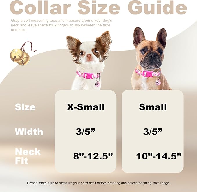 Puppy Collar with Bell，Nylon - Adjustable XXS/XS Tiny Dog & Cat Collar for Small Breeds,Soft Pink Collar with Quick-Release Buckle（Flowers XS）