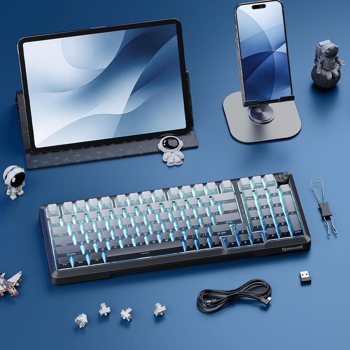 Redragon K688SP-RGB-PRO 96% Three-Mode Mechanical Keyboard Gasket Structure RGB hot Plug 8000mAh with knob Black and Gray Gradient Side Engraved keycaps