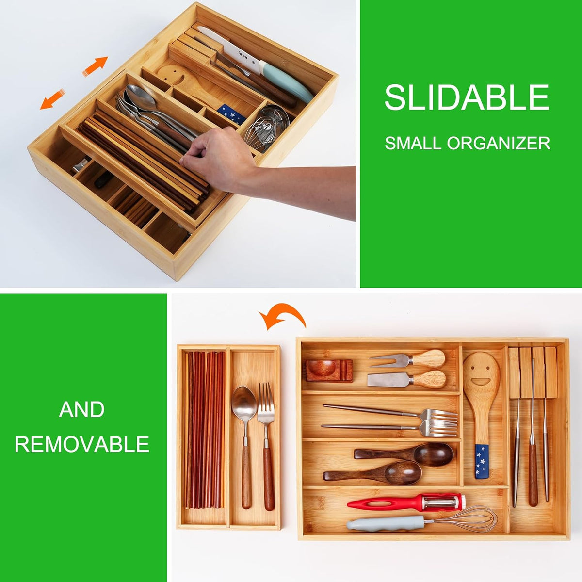 COIWAI Two tier Bamboo kitchen Drawer Organizer Cutlery Utensil Silverware Organizer Tray for Drawer, double layer Holder Drawer Dividers for Flatware (L: 16.85 × 12.2 in)