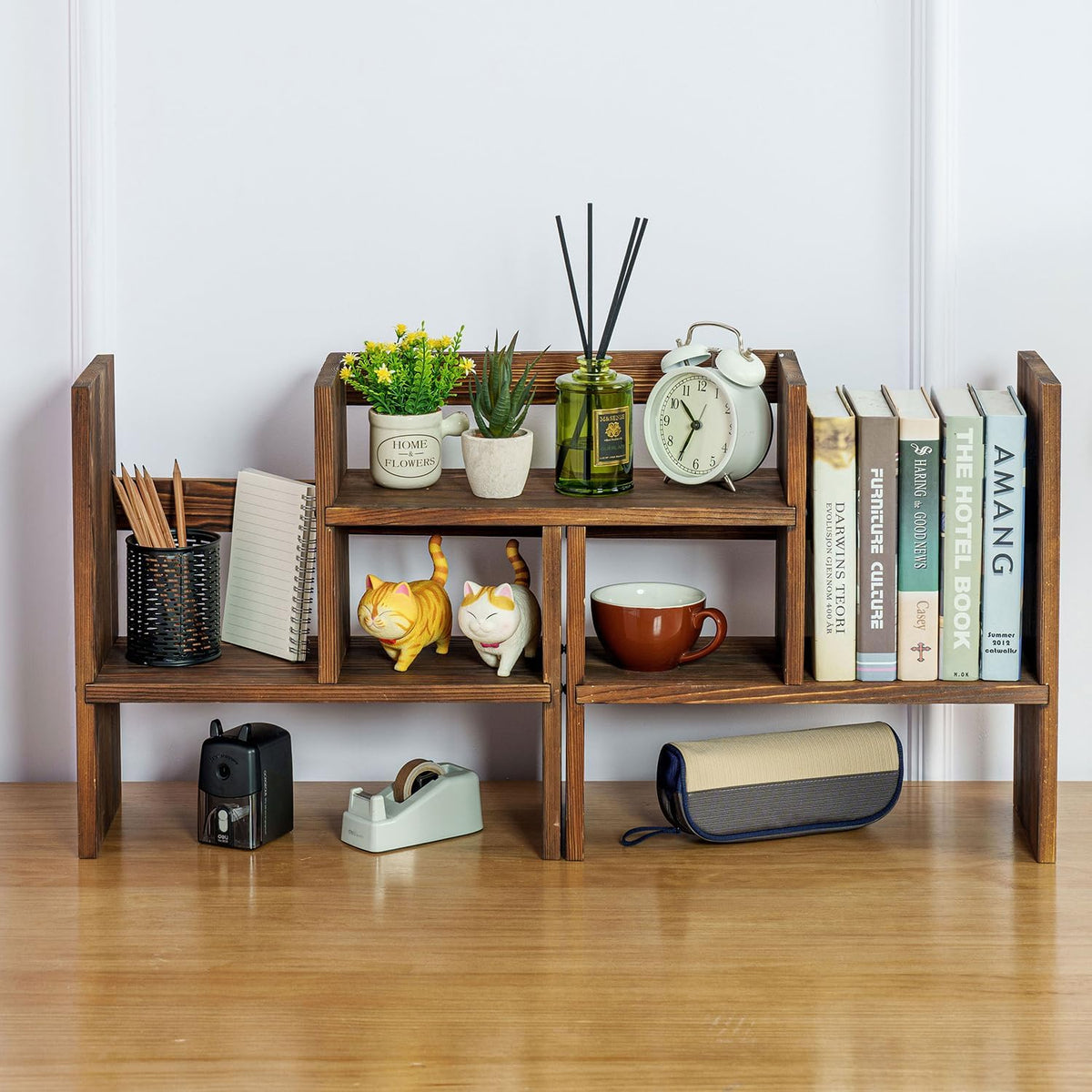 MyGift Adjustable Rustic Burnt Wood Desktop Shelf, Stackable Organizer