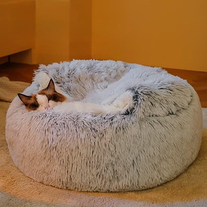 Plush Fluffy Dog and Cats Round Bed – Ultra-Soft Faux Fur Pet Shell Nest with Raised Bolster Edge, Self-Warming Calming Nest for Small to Large Pets (Coffee, Large（26”）)