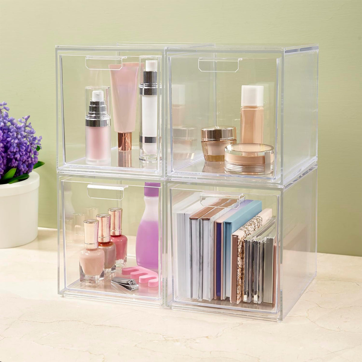 STORi Audrey Stackable Bin Clear Plastic Organizer Drawers | 2 Piece Set | Organize Cosmetics and Beauty Supplies on a Vanity | Made in USA