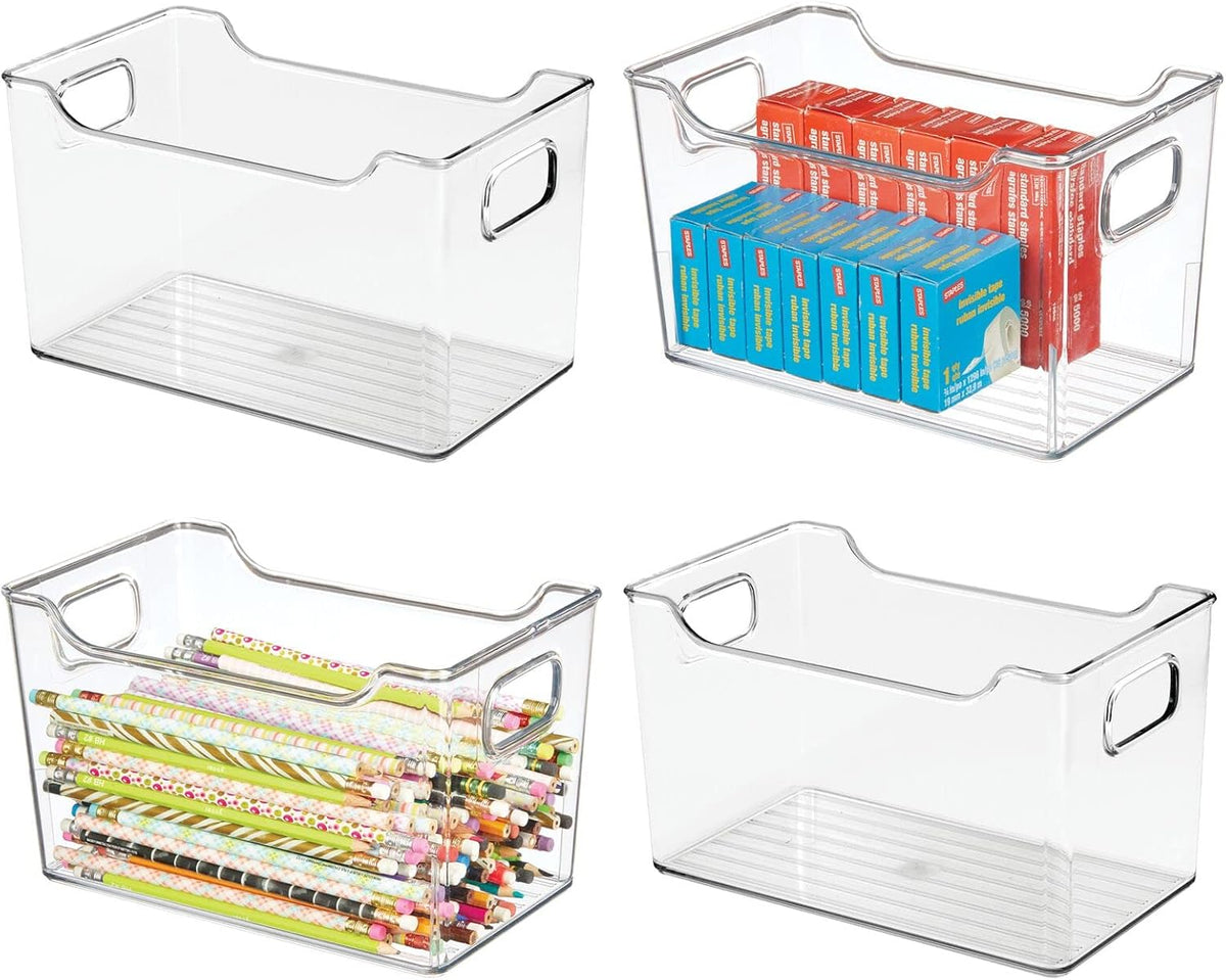 mDesign Deep Plastic Office Storage Bins with Handles for Organization in Filing Cabinet, Closet, or Desk Drawers, Organizer for Notes, Pens, Pencils, and Staples - Ligne Collection - 4 Pack - Clear