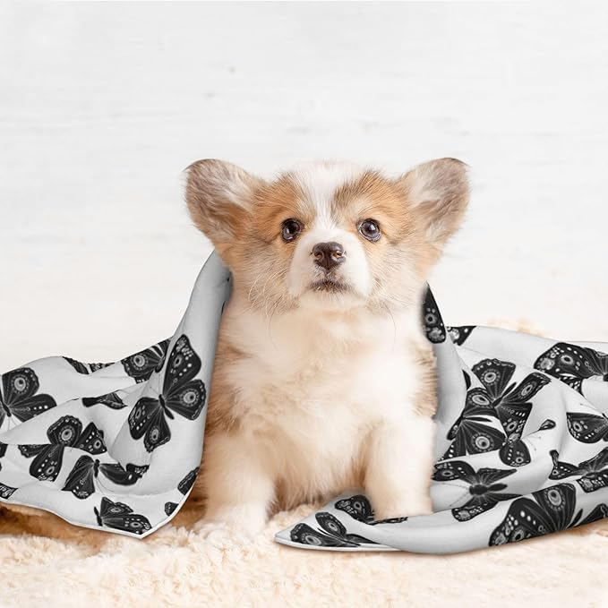 Two Sided Plush Pet Blanket for Crates Carriers Home Use, Butterflies Black and White, Reversible Throw with Cozy Dot Fabric and Silky Reverse for Small Large Pets