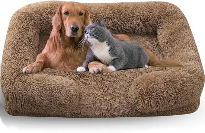 Dog Beds Medium Large Size Dog, Calming Dog Bed with Removable Washable Cover, Waterproof Lining and Nonskid Bottom(Khaki,L)