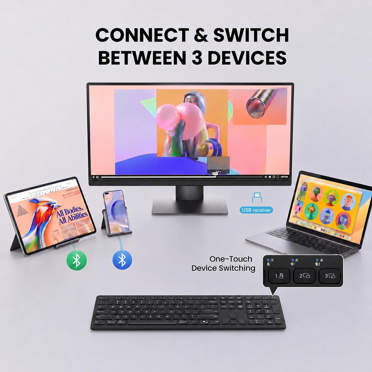 Wireless Bluetooth Keyboard, Full Size Multi-Device Keyboard for PC, Laptop
