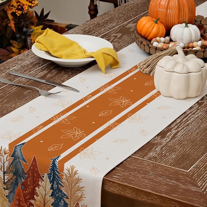 Fall Watercolor Trees & Maple Leaves Striped Table Runner 13x48 Inch, Rustic