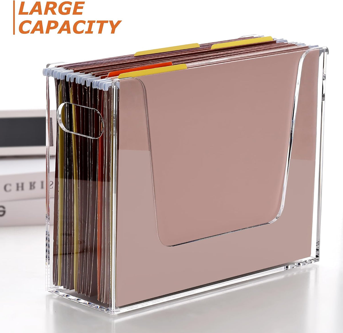 Acrylic Hanging File Organizer, Letter Size Clear File Folder Holder with Handle, Portable Storage Organizer Box for Desk Home Office (No Assembly Required)