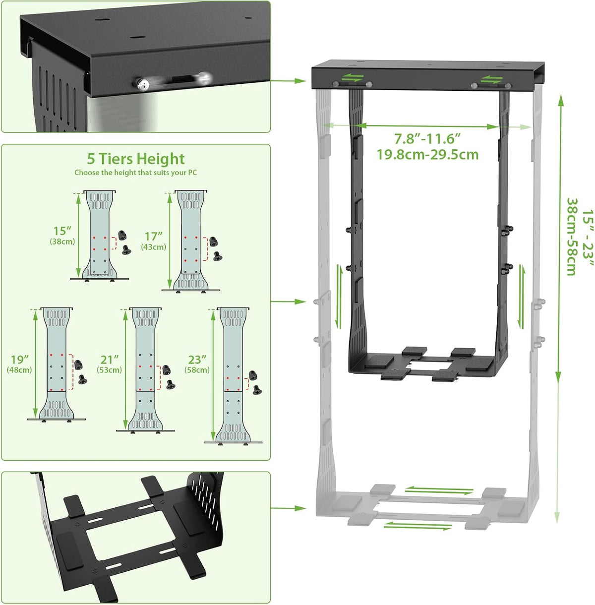 KEEGH Under Desk PC Mount, Adjustable Computer Tower Stand, Black