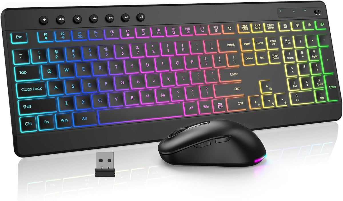 EDJO Wireless Keyboard and Mouse Combo, 10 Backlit Effects, Rechargeable 2.4GHz Silent Full-Size Light Up USB Keyboard with 6 Button RGB Mouse for Laptop, Computer, PC