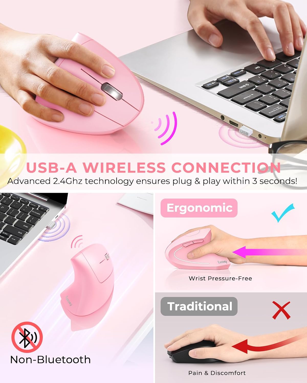 Lekvey Ergonomic Mouse, Rechargeable Vertical Wireless Mouse, Pink